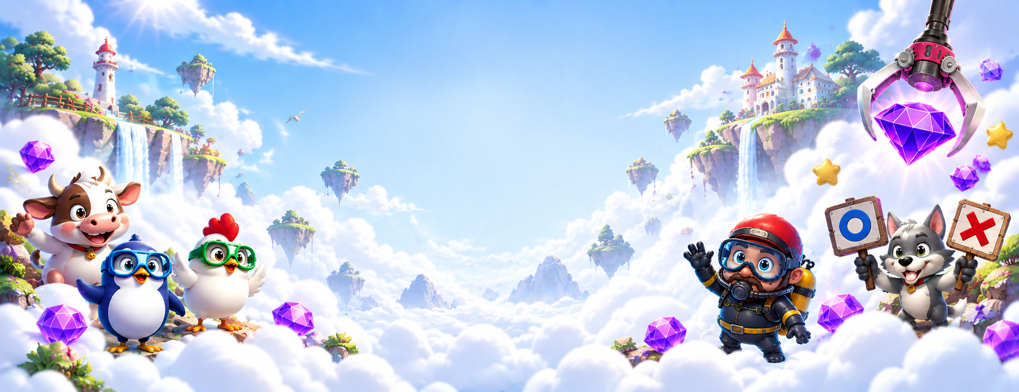 JOMO characters playing together in the clouds