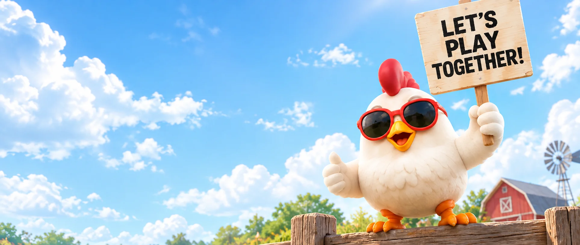 JOMO chicken inviting people to play together