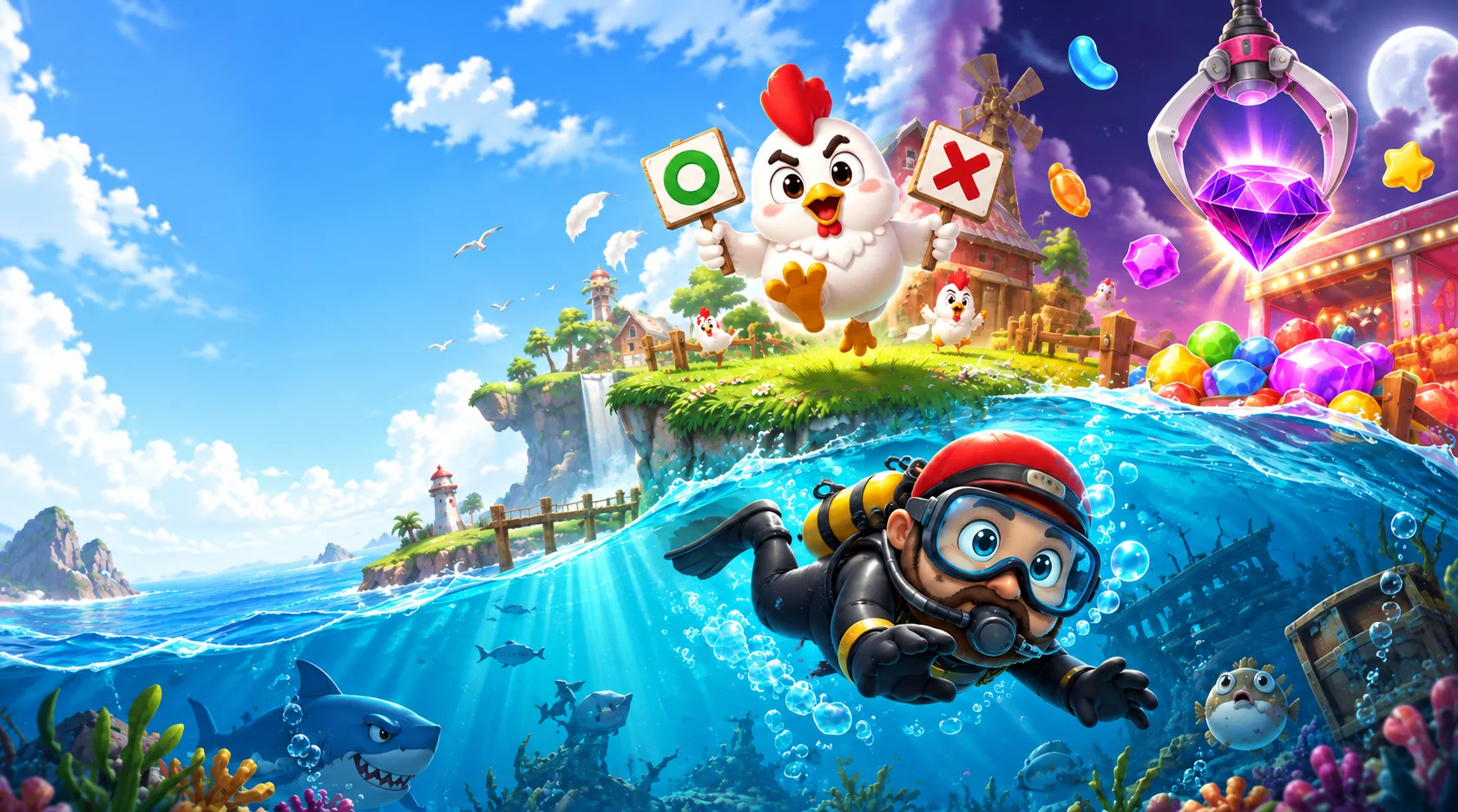 JOMO game characters in a colorful game world